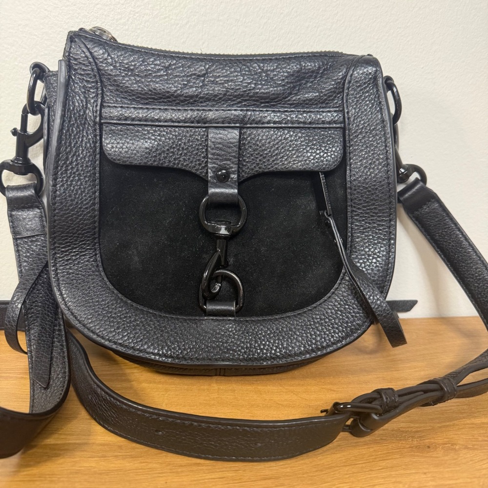 Rebecca Minkoff Black Pebbled Leather Suede Crossbody Saddle Bag Dog Clip Small